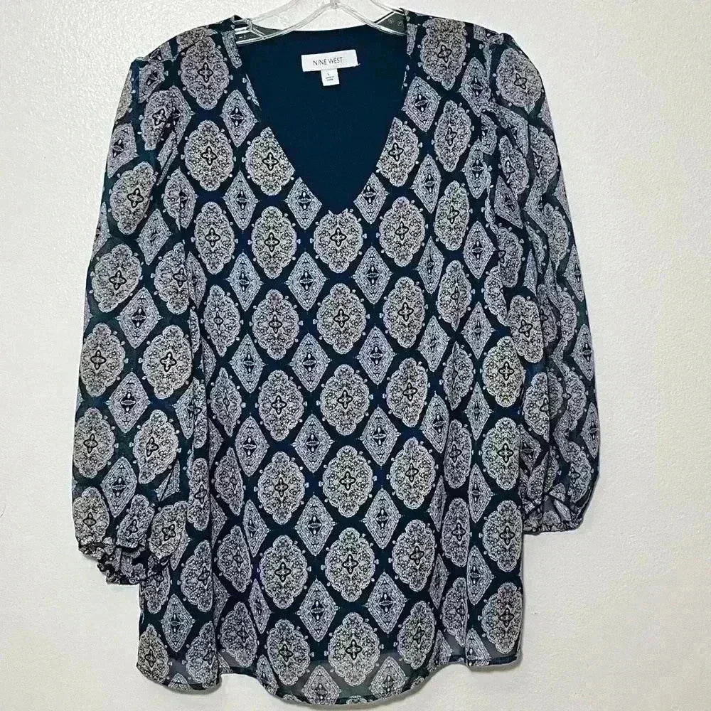 NINE WEST Turquoise V-Neck Peekaboo Sleeve Tunic Top | Size Large